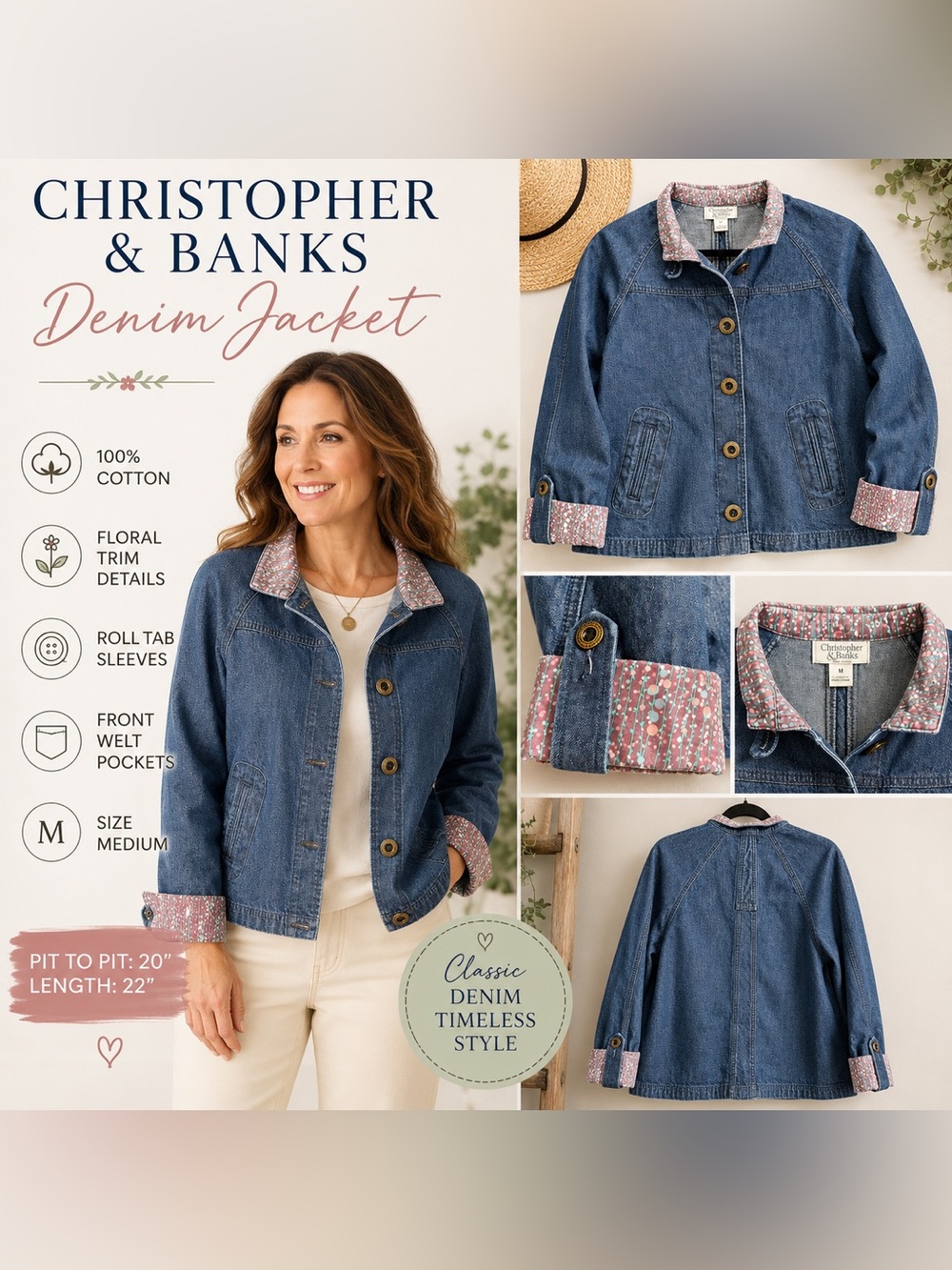 Christopher & Banks Women's Blue Denim Jacket with Floral Trim